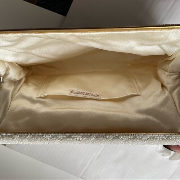 Vintage 1950s Handmade Beaded Bag White Floral Gold Hardware Bridal Wedding EUC - Picture 7 of 16